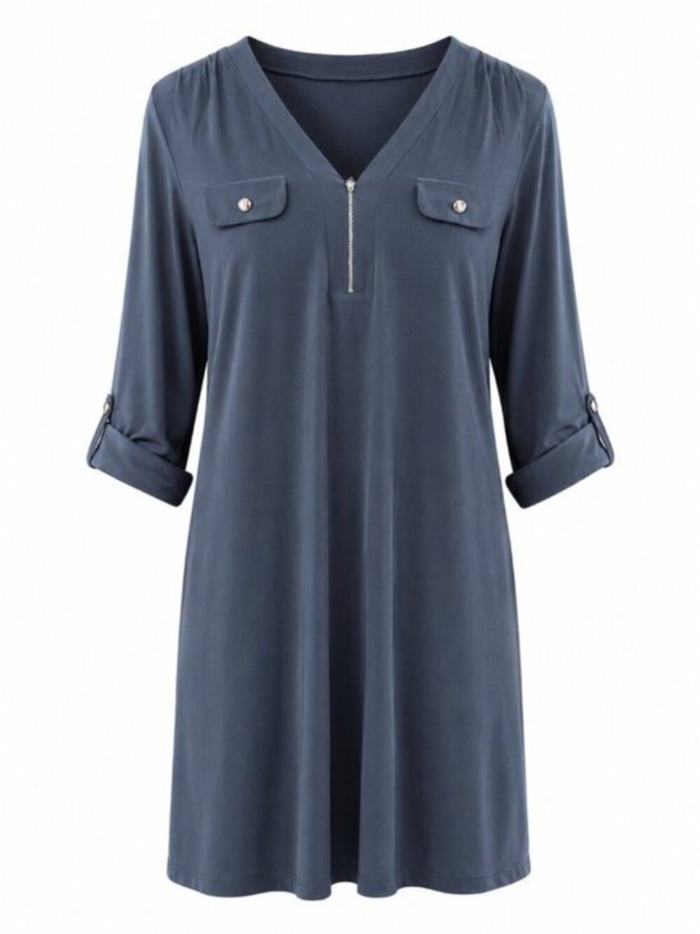 Emma & Michele Womens Navy Blue Tunic Dress With Zipper Detail & Roll-Tab Sleeve